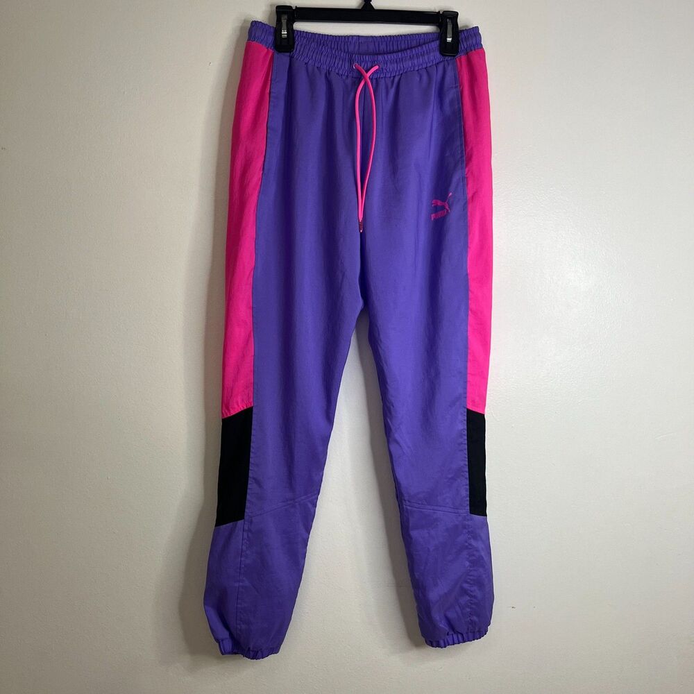 Puma Women's Track Pants M Purple Pink Colorblock Windbreaker Joggers Retro
